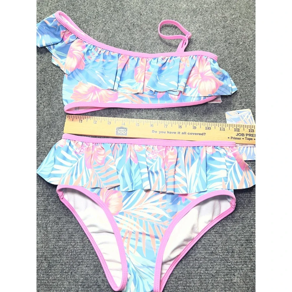 Tommy Bahama Girls Tropical Floral One Shoulder Ruffle Bikini Set Size 12 NEW